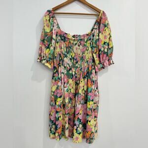Gap Linen Blend XL Tall Floral Smocked Dress Pockets